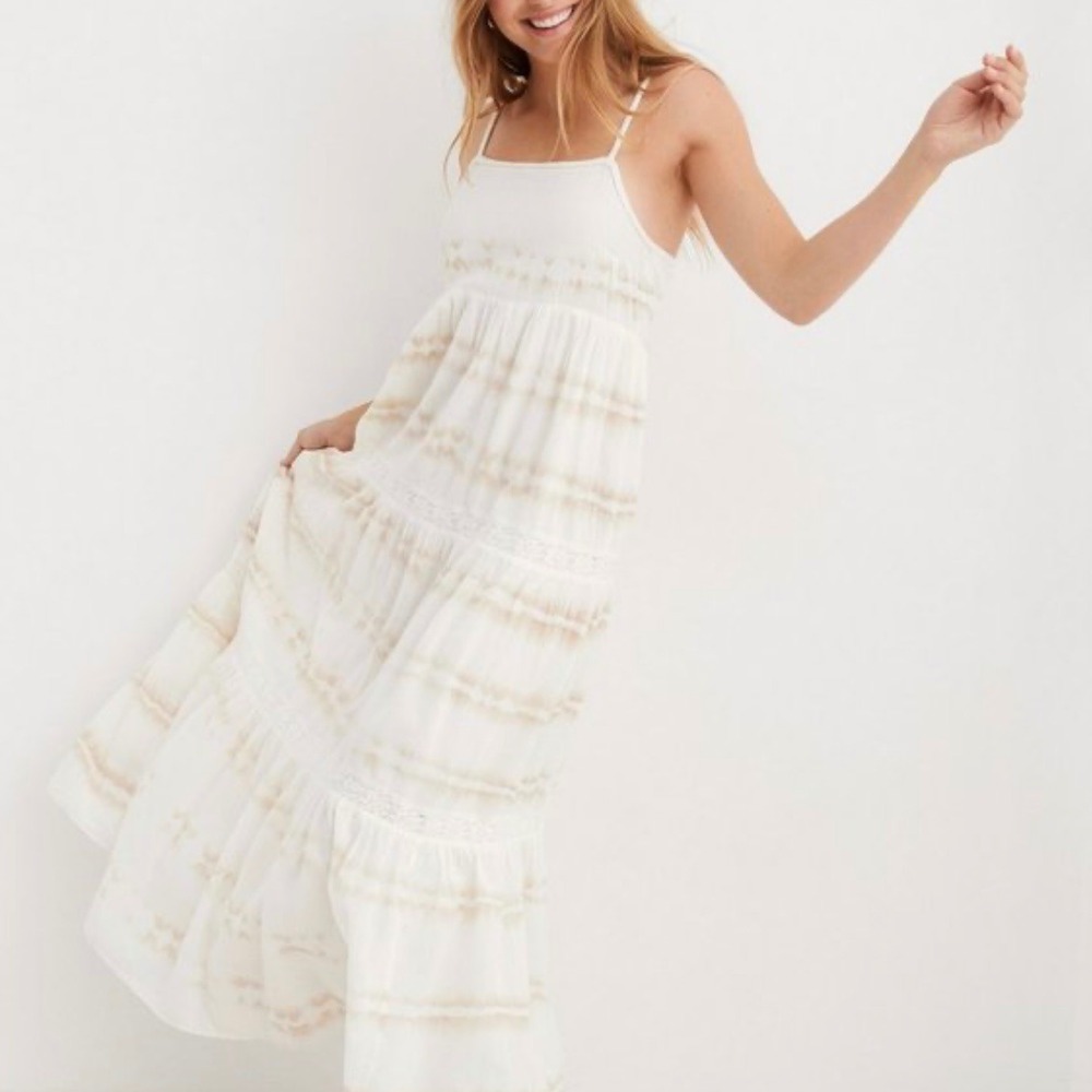 Aerie Tiered Cottagecore White Tan Sleeveless 100% Cotton Boho Maxi Dress Size S